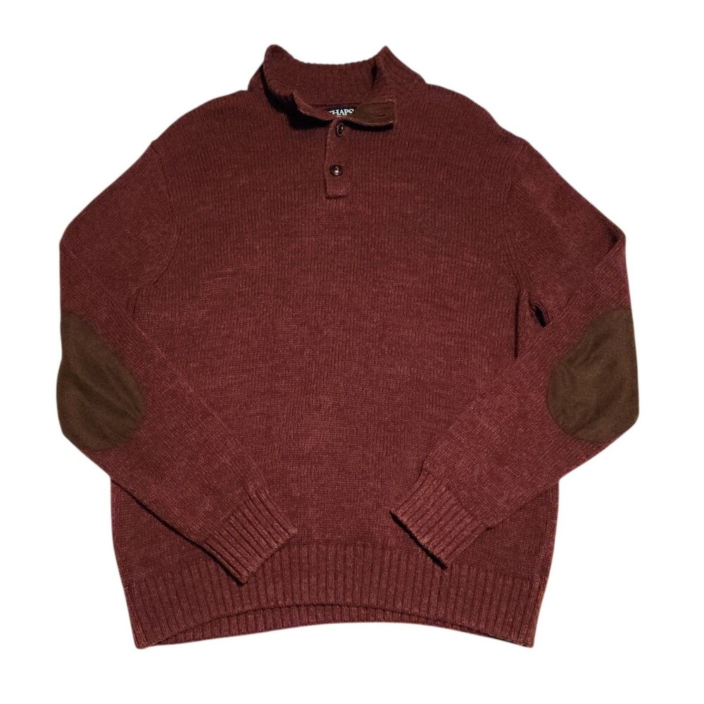 Chaps Mock Neck Sweater 3 Button Henley Elbow Patches Maroon Mens Size L Preppy